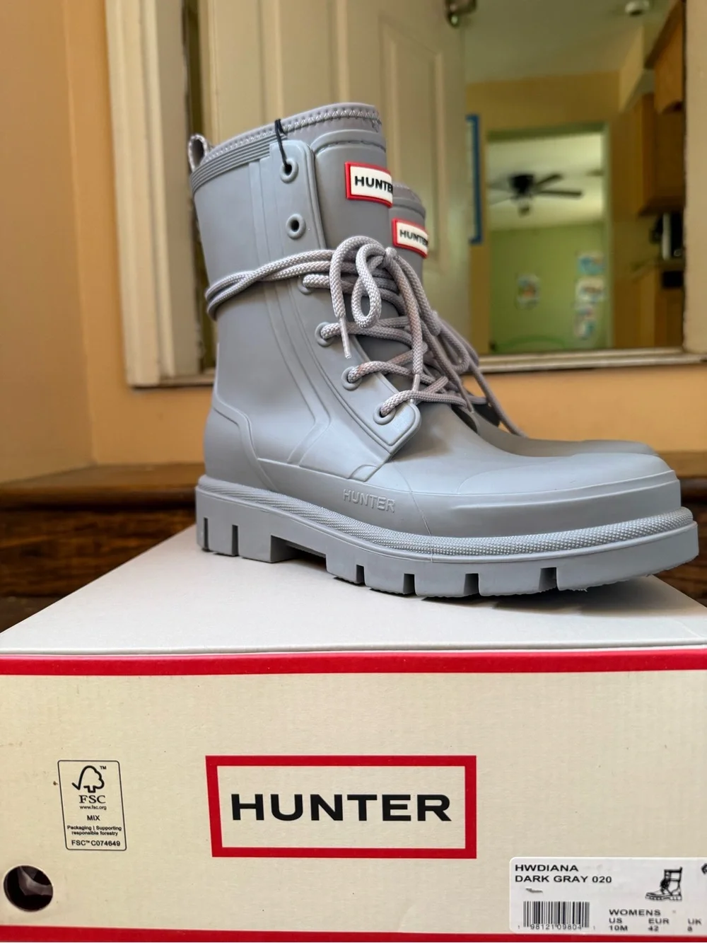 Hunter Light Grey Lace-Up Waterproof Boots with Logo Patch